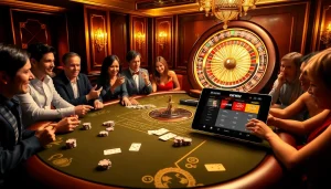 Engaging poker players enjoying an exciting game at OKWIN's luxurious casino table.