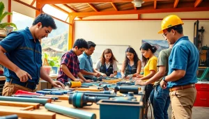Students collaborating in hands-on training at hawaii trade schools with tools in a vibrant setting.