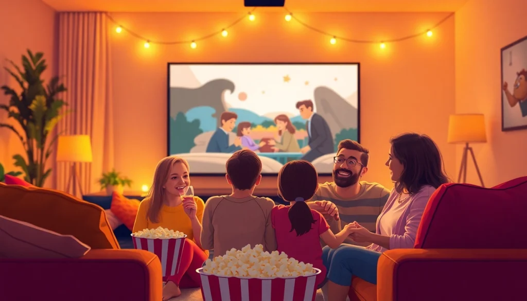 ดูหนังในห้องนั่งเล่นที่อบอุ่นกับสมาชิกในครอบครัวกำลังสนุกสนาน