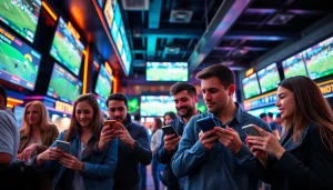 Engaging visual of sports betting California in action at a lively sports bar with bettors using mobile apps.