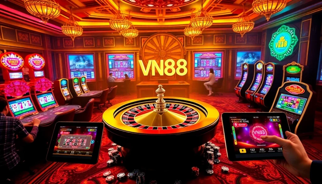 Exciting online gambling scene at VN88 with players, tables, and vibrant slot machines.