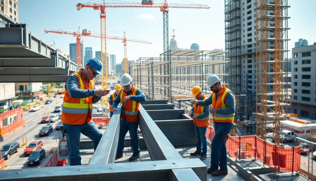Structural steel installation with workers aligning beams at a construction site, showcasing precision and teamwork.
