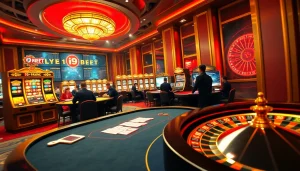 i9bet casino scene with professional poker players, vibrant slot machines, and a roulette wheel in action.