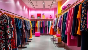 Fashion boutique highlighting unique pieces from a statement fashion brand with vibrant colors and stylish decor.