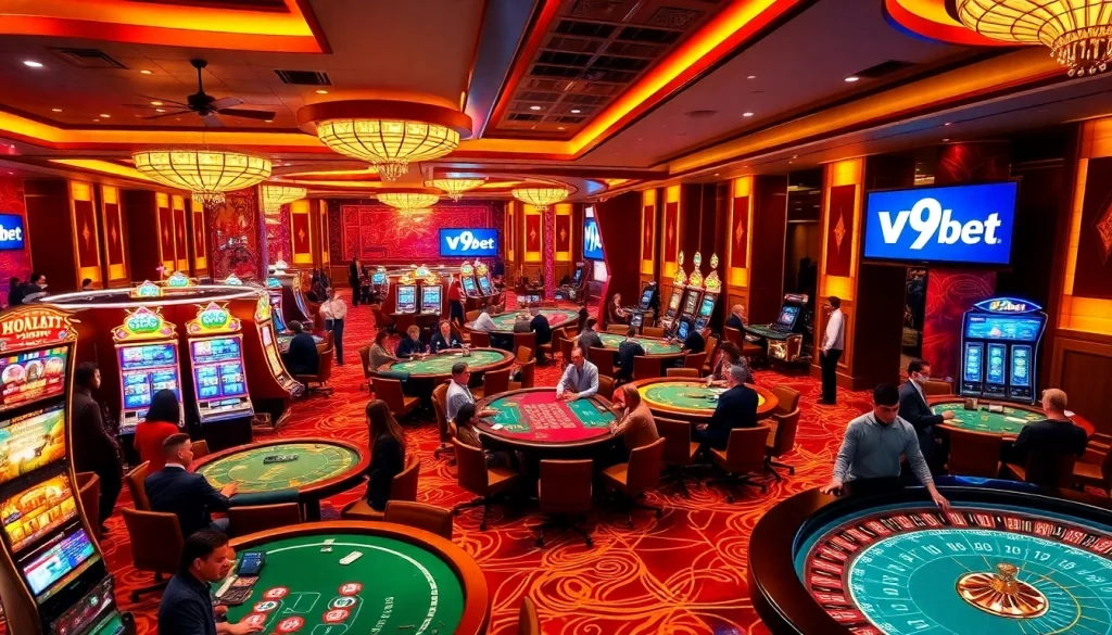 V9bet casino scene showcasing players at poker tables, vibrant slot machines, and an engaging atmosphere.
