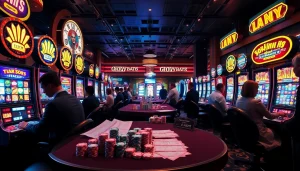 Players enjoying slot bet kecil at a luxurious casino, surrounded by vibrant slot machines and poker chips.