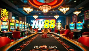Vibrant casino scene depicting players at slot machines and a poker table embodying the thrill of fly88 com.