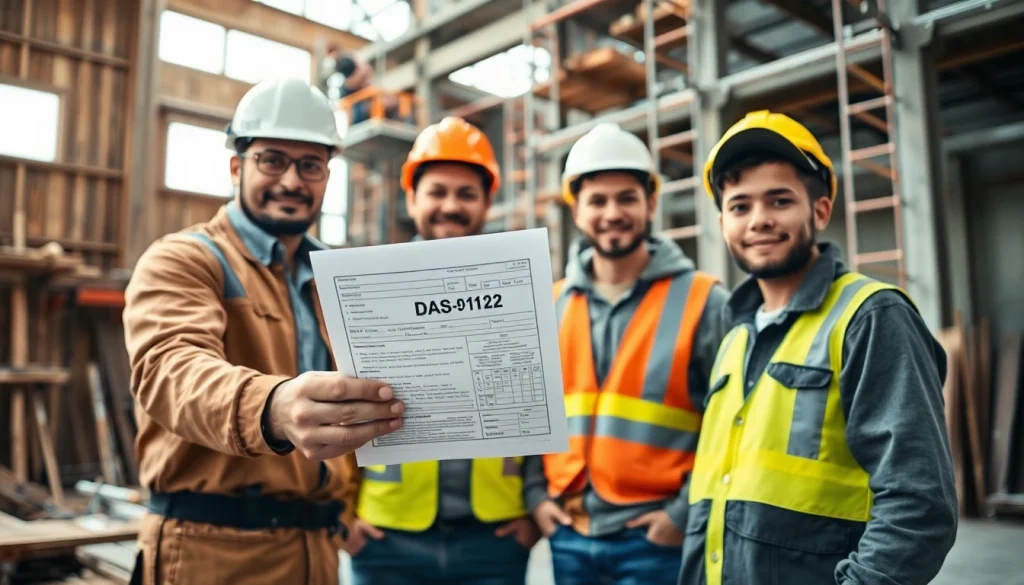 DAS 142 form being handed to an apprentice by a contractor on a bustling construction site.