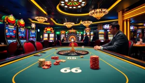 New 66 casino excitement as players engage at a luxury blackjack table amid vibrant slot machines.