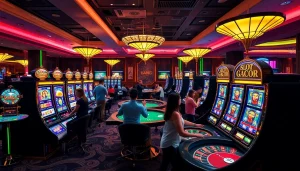 Experience the thrill of Slot Gacor as players celebrate wins amidst vibrant casino elements.