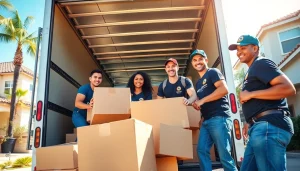 San Diego Moving Company team members efficiently loading boxes into a truck, showcasing professionalism.