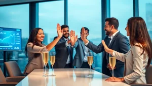 BOX138 professionals celebrating successful transaction in a modern office