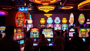 Mengakses slot deposit 5000 dengan berbagai mesin slot di kasino yang ramai.