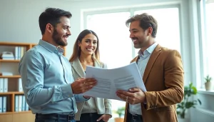 Guiding homeowner through Property Insurance Claims process with expert advice in a modern office.