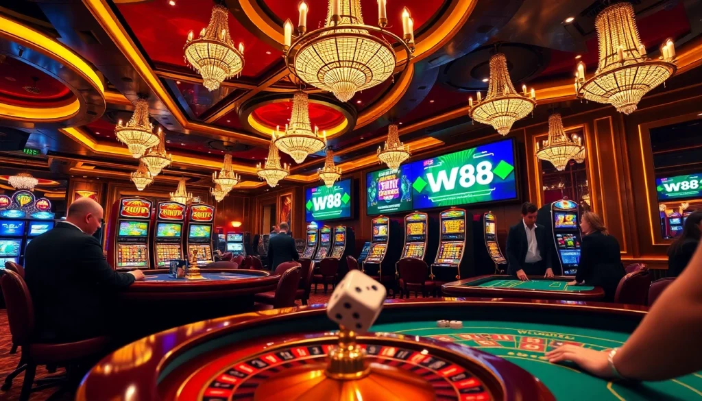 Exciting casino environment showcasing W88 slots and games, featuring players engaged at betting tables.
