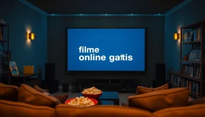 Cozy home cinema with a screen showing filme online gratis, inviting atmosphere.