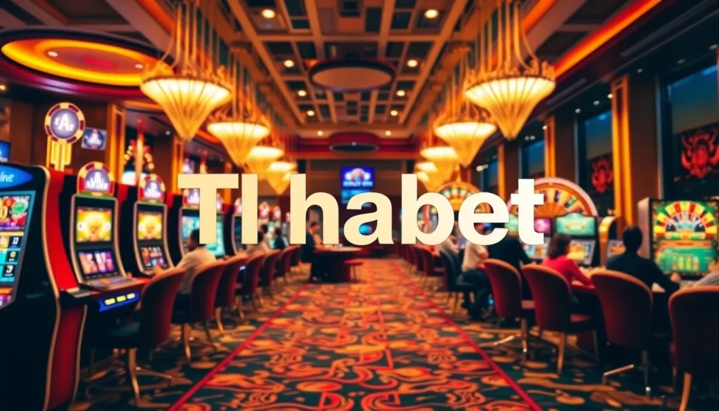 Engaging online casino ambiance featuring Thabet with players at tables and colorful slot machines.