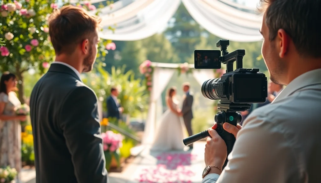 Videographer filming a wedding ceremony in a picturesque outdoor setting with floral background.
