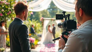 Videographer filming a wedding ceremony in a picturesque outdoor setting with floral background.