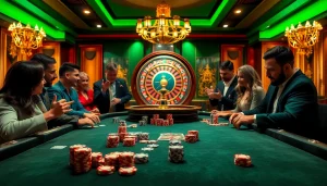 Engage with obraltoto as players strategize at a high-stakes poker table in a vibrant casino scene.