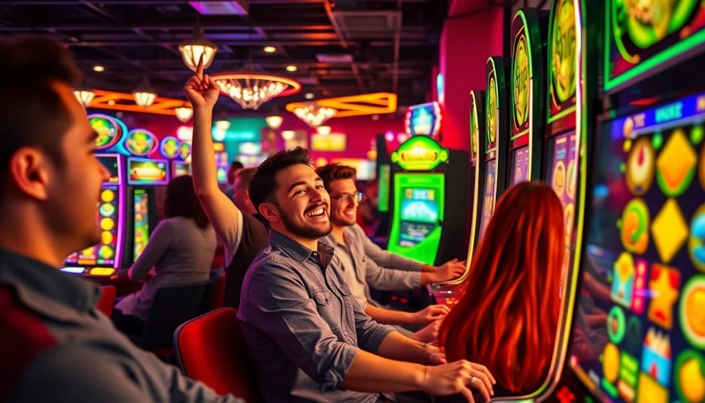 Kode4d gaming platform showcasing vibrant slot games and enthusiastic players in a lively atmosphere.