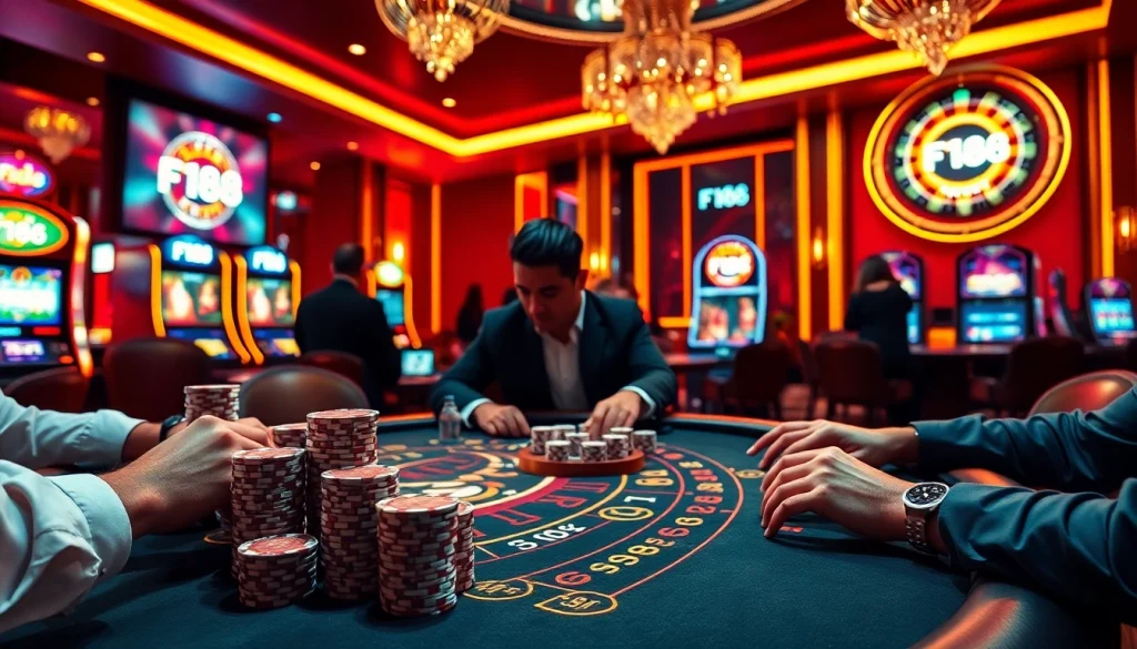 Experience the thrill of casino games at แบรนด์ F168 with players enjoying high stakes and vibrant ambiance.