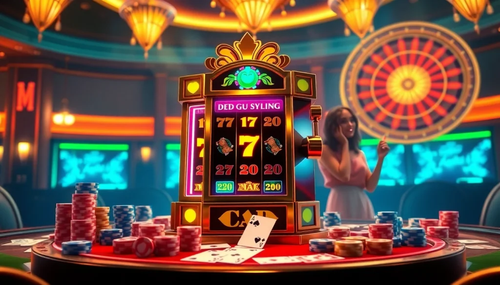 Situs Slot Gacor offers vibrant slots with players enjoying high-stakes excitement at a luxurious casino.