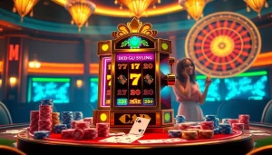 Situs Slot Gacor offers vibrant slots with players enjoying high-stakes excitement at a luxurious casino.