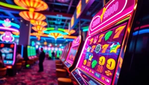 Menggambarkan petanitoto melalui mesin slot berputar dengan simbol warna-warni yang cerah.