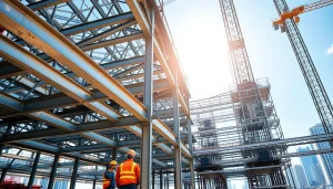 Showcasing a steel structure design in an urban construction scene with skilled workers and intricate frameworks.