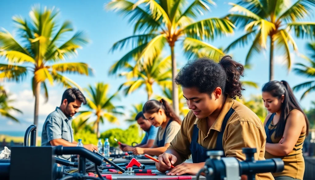 Engaged students learning at hawaii trade schools under sunny tropical skies.