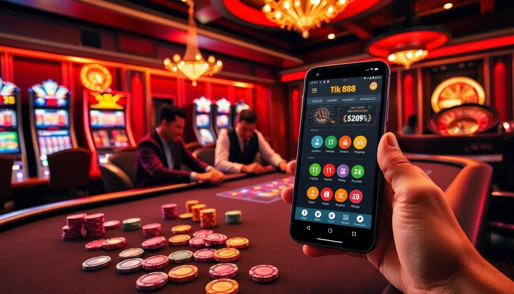 Người chơi nhiệt huyết tham gia tại bàn poker Tik 88, được bao quanh bởi các máy đánh bạc thú vị và bầu không khí casino lộng lẫy.