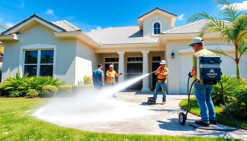 Pressure wash service team cleaning a home's exterior in Kissimmee, Florida, showcasing professionalism and effectiveness.