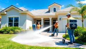 Pressure wash service team cleaning a home's exterior in Kissimmee, Florida, showcasing professionalism and effectiveness.