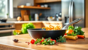 Cook with a sleek nonstick fry pan NZ displaying fresh ingredients and a modern kitchen atmosphere.