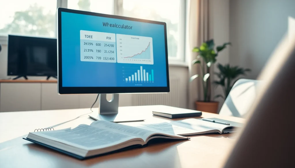 Calculate your total daily energy expenditure using the TDEE calculator displayed on a modern office setup.