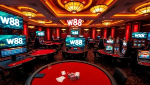 Playing at W88 casino, showcasing professional poker table with vibrant chips and screens.