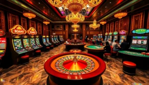 Experience the excitement of net win at a luxurious casino with vibrant gaming tables and spinning roulette wheels.