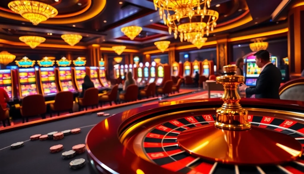 Excited players engaging with casino games at a Nhà Cái Uy Tín, featuring luxurious roulette and poker tables.