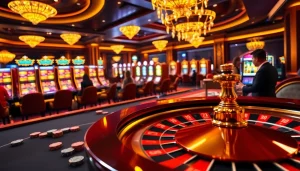 Excited players engaging with casino games at a Nhà Cái Uy Tín, featuring luxurious roulette and poker tables.