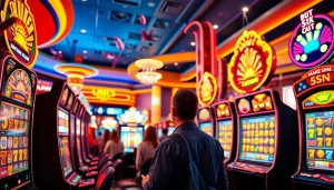 Menangkan permainan slot dengan depo 5k dana, lingkungan kasino yang ceria dan penuh semangat.