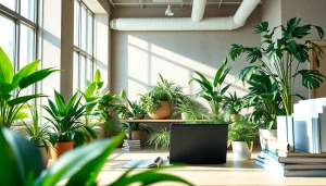Environmental lawyer consulting in a bright office with green plants and legal documents.