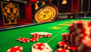 Engaging scene featuring rr88 online casino table with poker chips, cards, and a spinning roulette wheel.