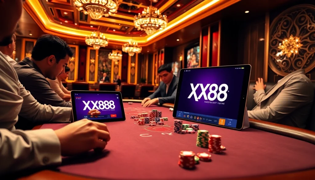 Players betting strategically at the XX88 poker table in a luxurious casino setting