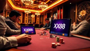 Players betting strategically at the XX88 poker table in a luxurious casino setting