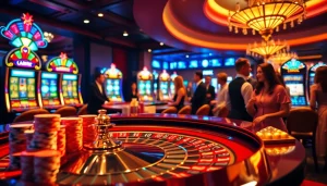 Gamblers placing bets at a roulette table in a vibrant casino setting at https://topclub.space/ showcasing excitement and luxury.