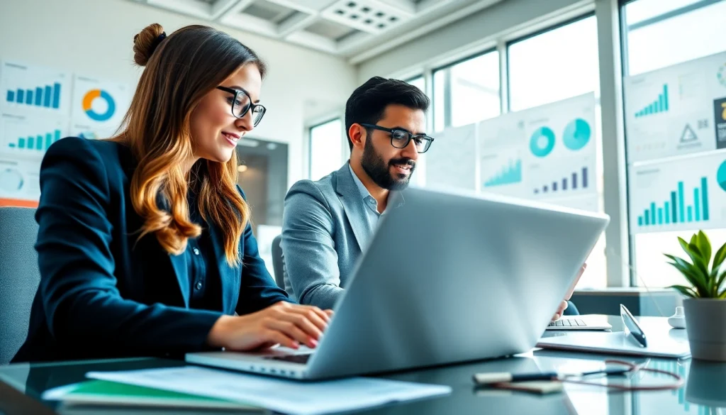 Hire business development reps collaborating in a modern office setting with laptops and charts.