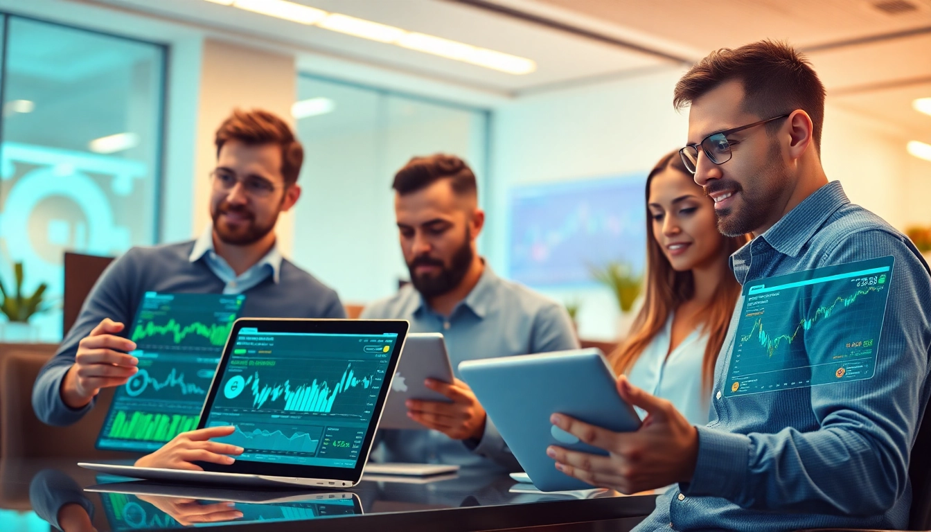 Traders using the Quantum AI app on modern devices, showcasing real-time analytics and financial data.