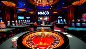 MM88 offers a thrilling casino experience with vibrant roulette wheels and excited players.
