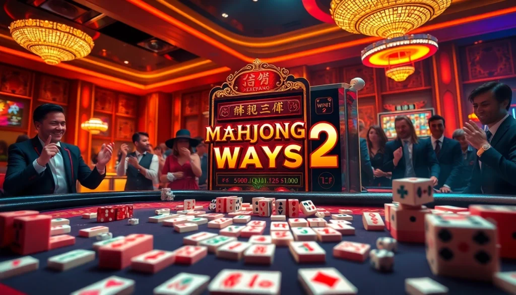 Excited players engaging with the Mahjong Ways 2 slot game in a luxurious casino atmosphere.